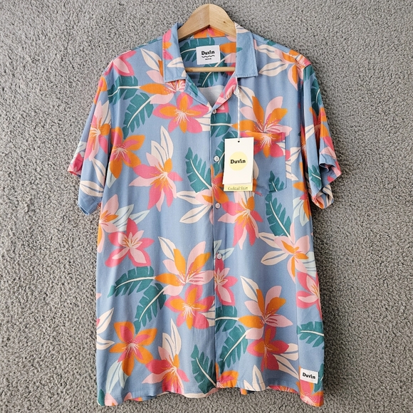 Duvin Other - Duvin Men's Hawaiian Shirt Medium Short Sleeve Button Up Blue Orange Tropical